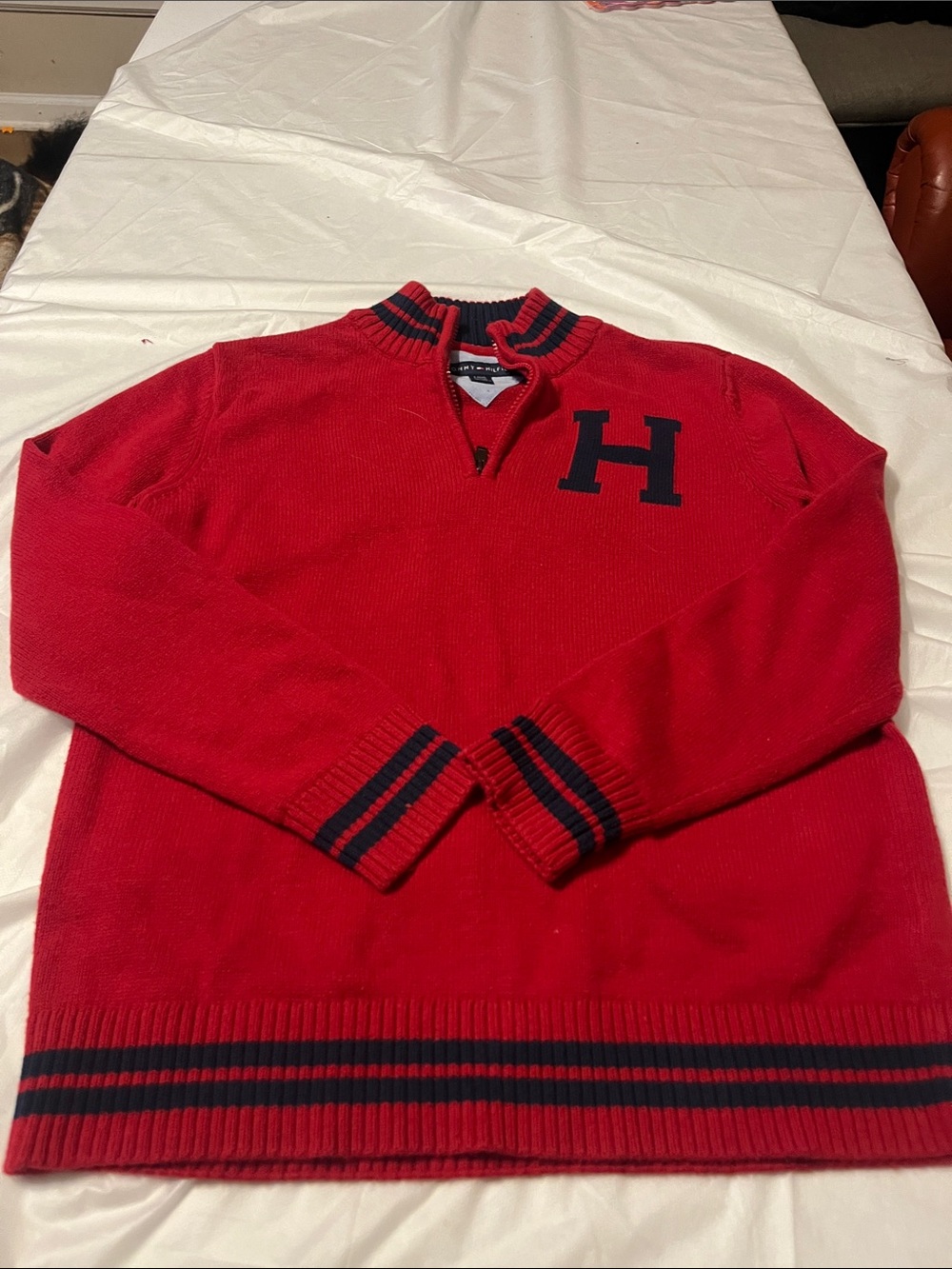 Tommy Hilfiger Women’s Red Half-Zip Sweater with Navy Trim